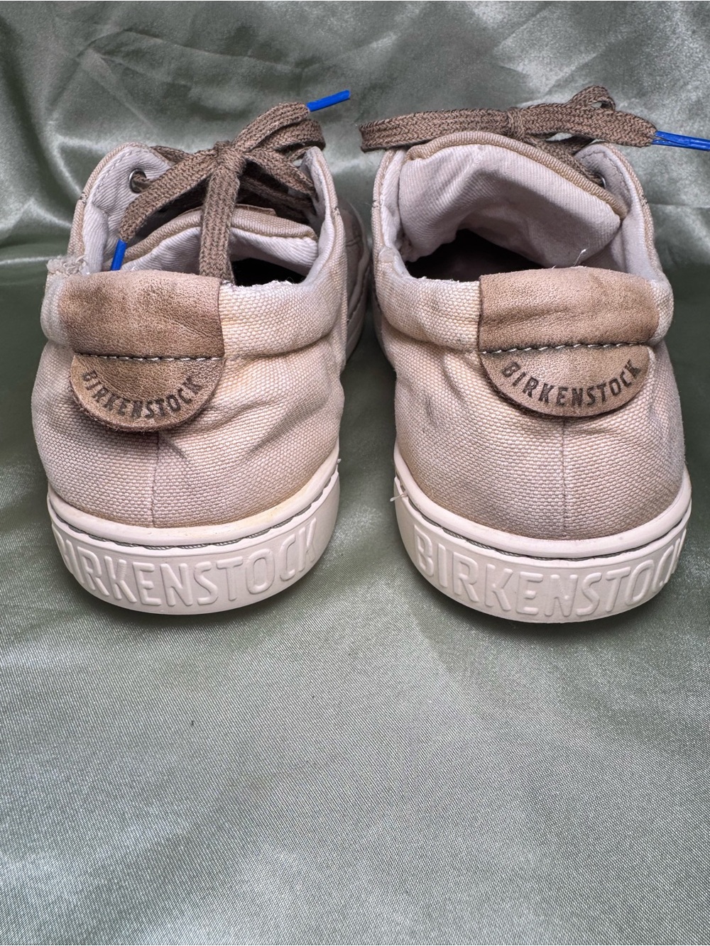 Birkenstock Vintage Canvas Lace Up Sneakers Tan Cream Blue Logo Tread EU 37 US 6 - Picture 3 of 12